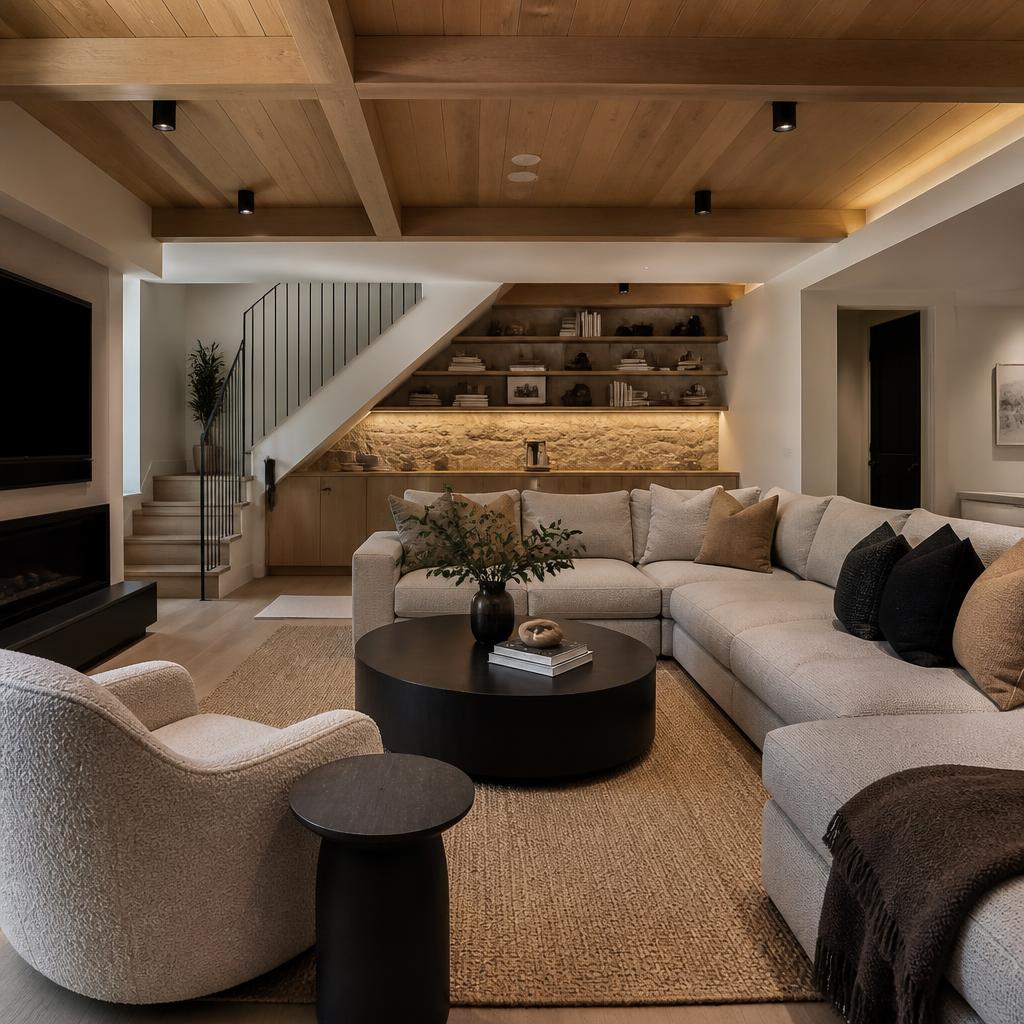 Illustrative finished basement renovation with a lounge area, warm lighting, and built-in storage