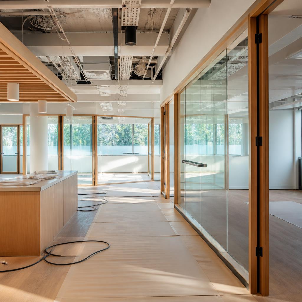 Illustrative commercial office renovation with new partitions, organized ceiling services, and warm wood finishes